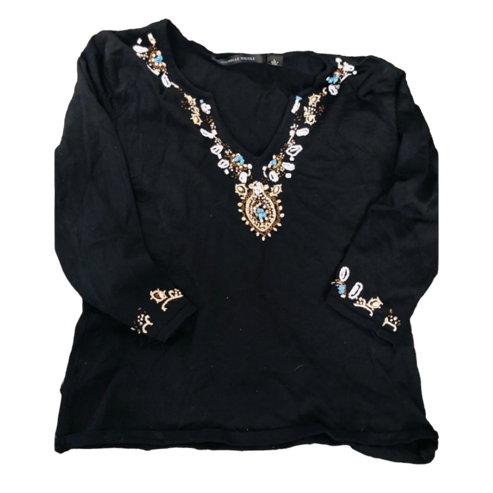 Michelle Nicole black beaded V-neck 3/4 sleeves stretch shell detail, size large